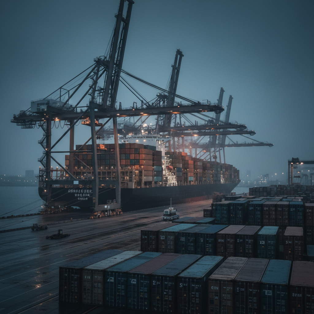 International container terminal at blue hour